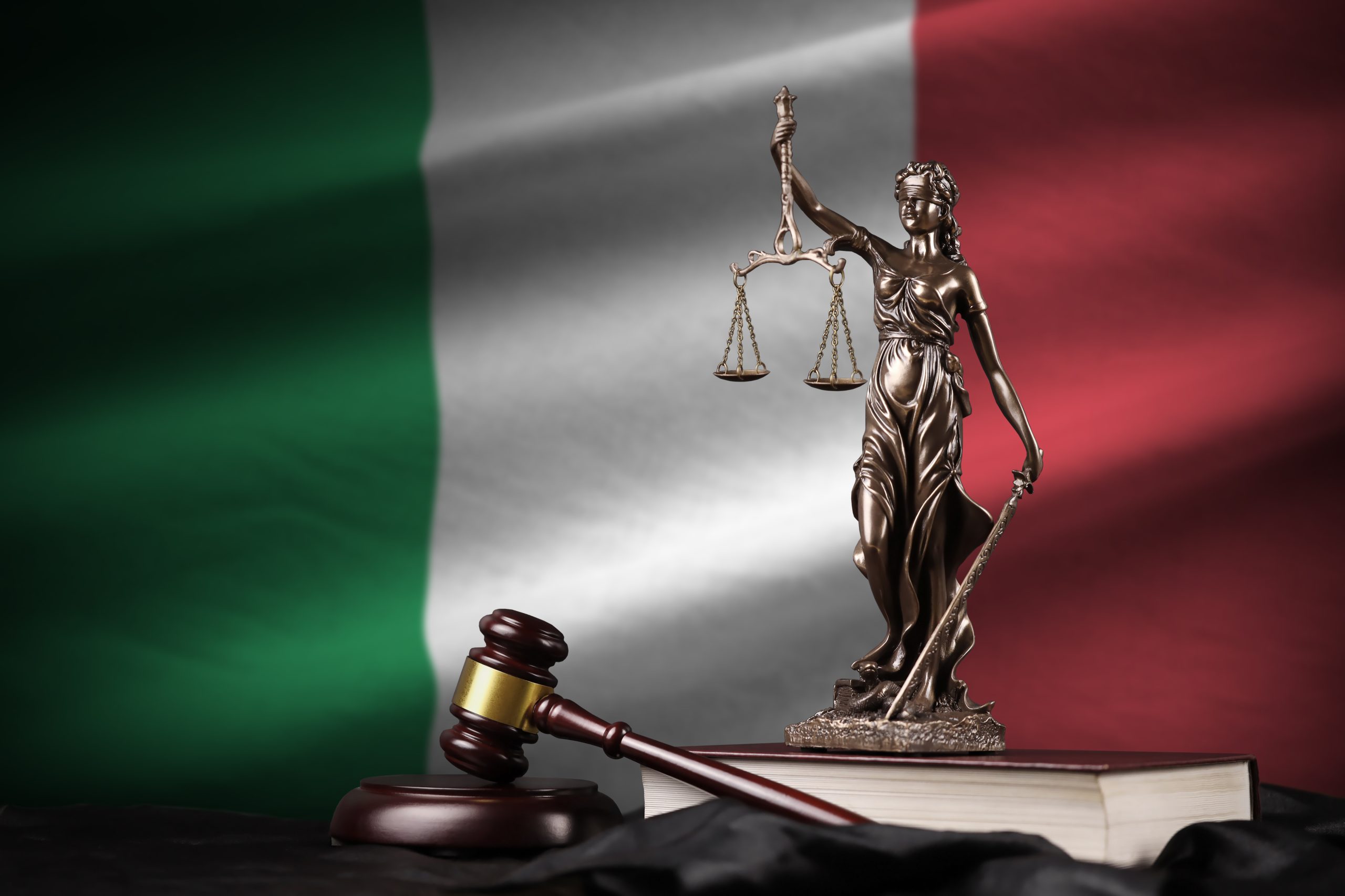 italy flag with statue lady justice constitution judge hammer black drapery concept judgement guilt scaled